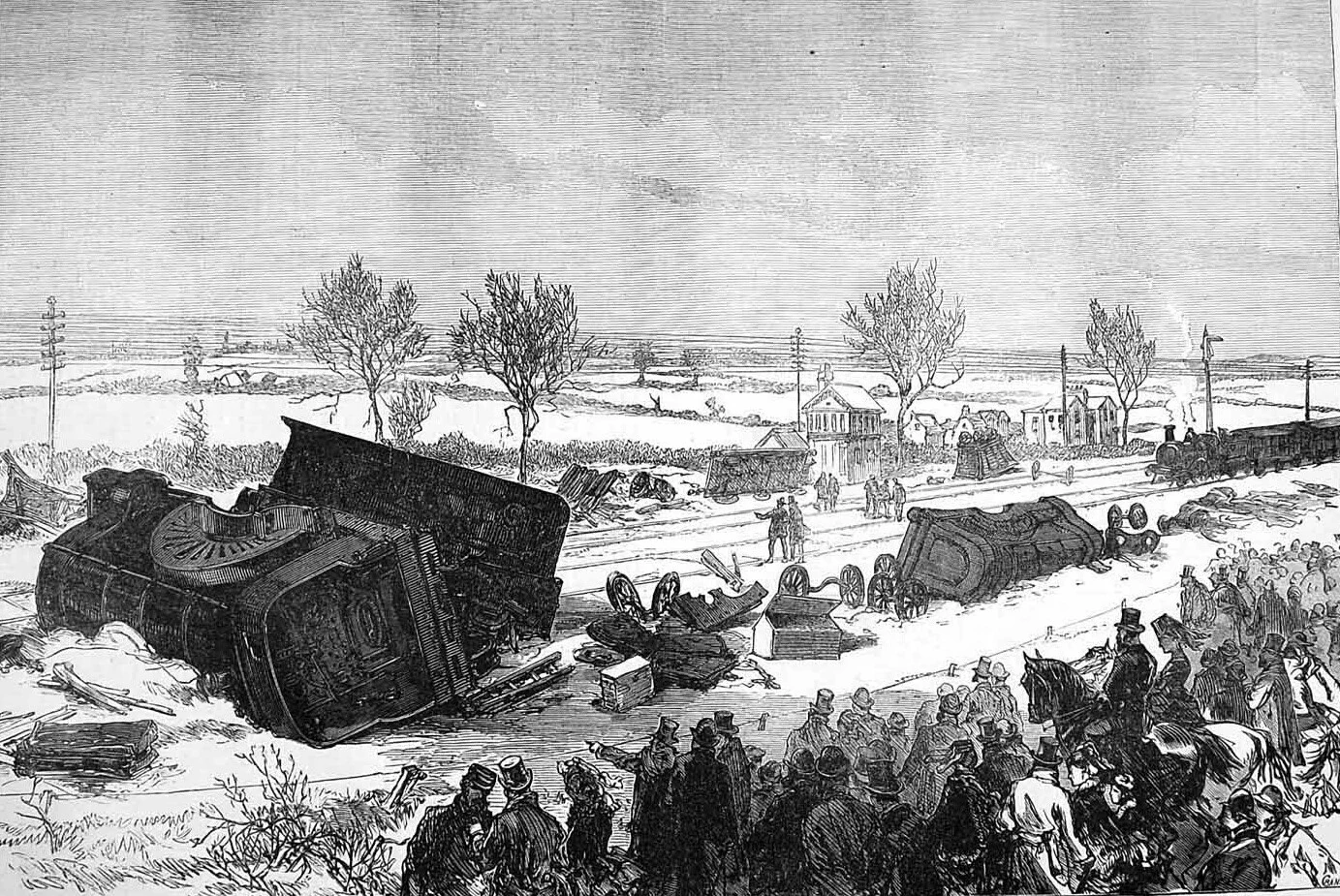 Historische gravure van de treinwrakken na het ongeval bij Abbots Ripton