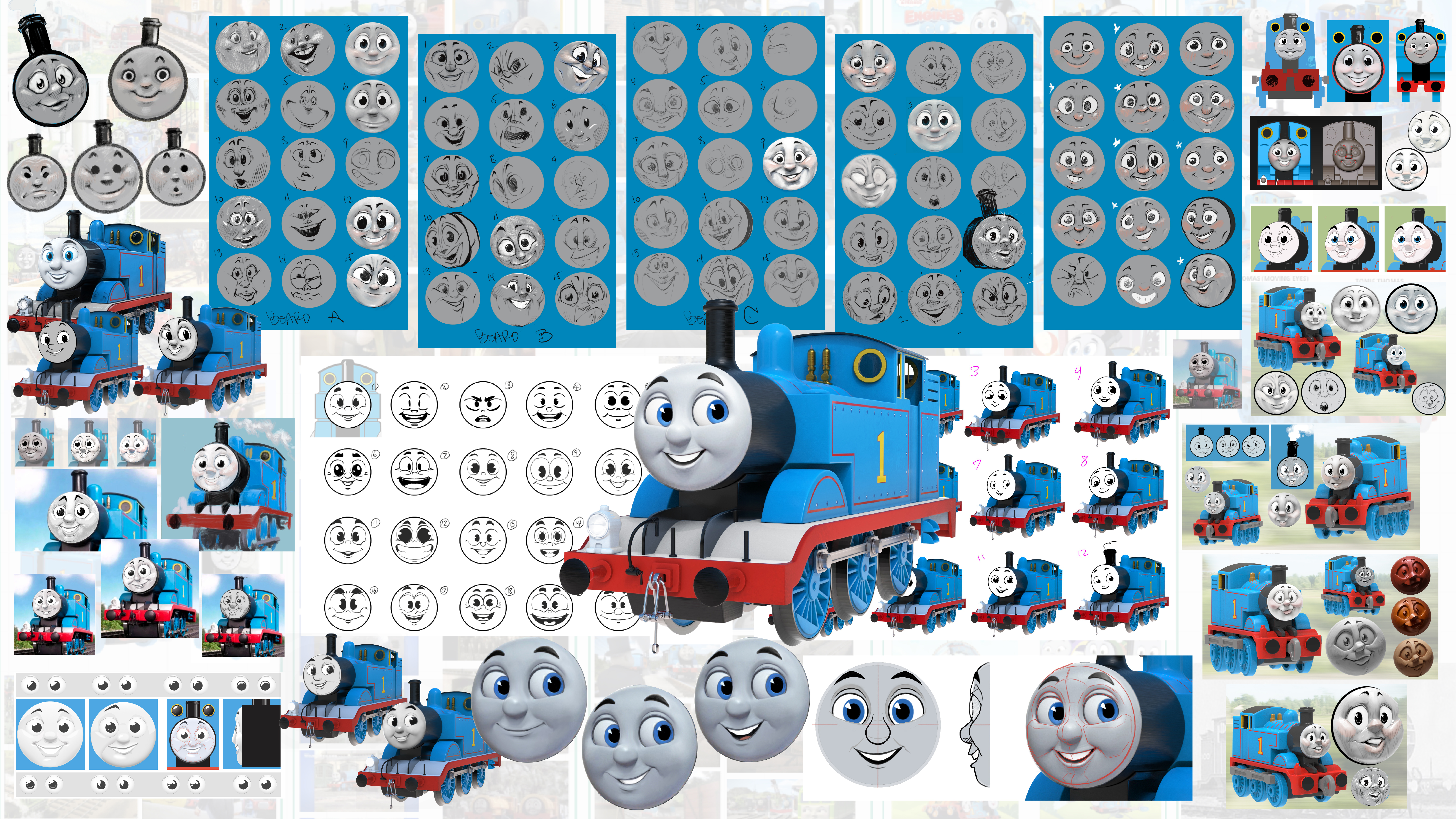 Thomas design process — character expressions and poses for the 2026 refresh