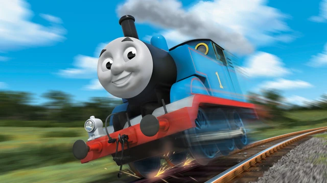 Thomas the Tank Engine racing on the rails
